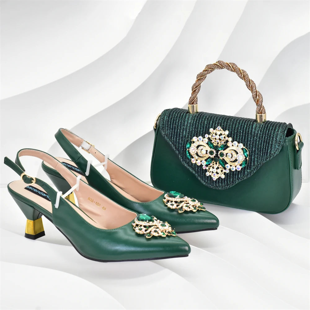 New Fashion Women Shoes and Bags To Match Set Nigeria Party Nigeria Italian Shoes and Matching Bags Decorated with Rhinestone