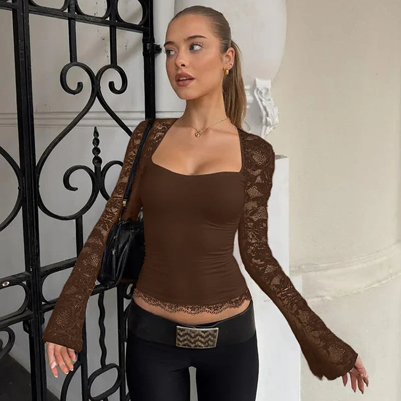 Hugcitar Moda Feminina Gola Quadrada Patchwork Renda Estampa Floral Manga Longa Blusa Curta Sexy Roupa Transparente Verão Festa Balada