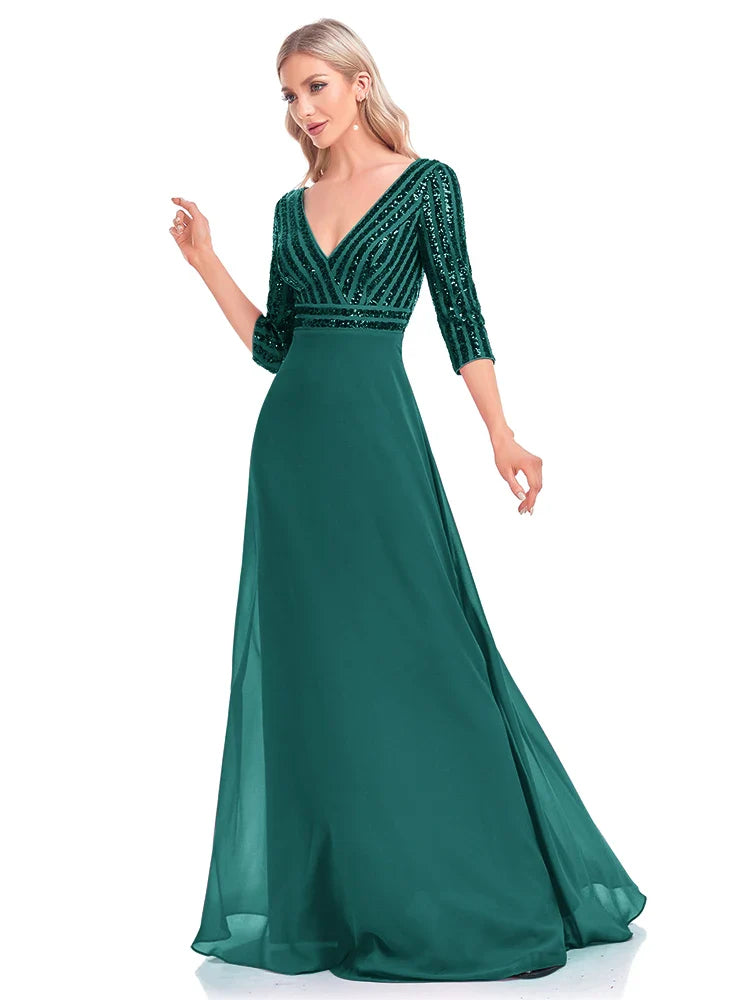 Elegant Sequined Long Sleeve Gown V Neck Pink Evening Dress Wedding Party Graduation Prom Dresses For Women 2025