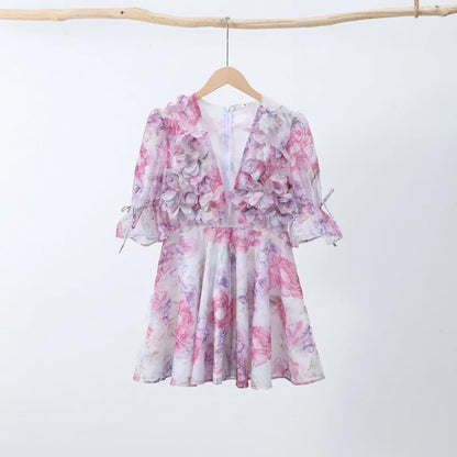 Chic Floral Printed Mini Dress Backless Sleeveless Hem Stacking Dresses Sweet A Line Vestidos 2025 New Lady Party Club Clothing
