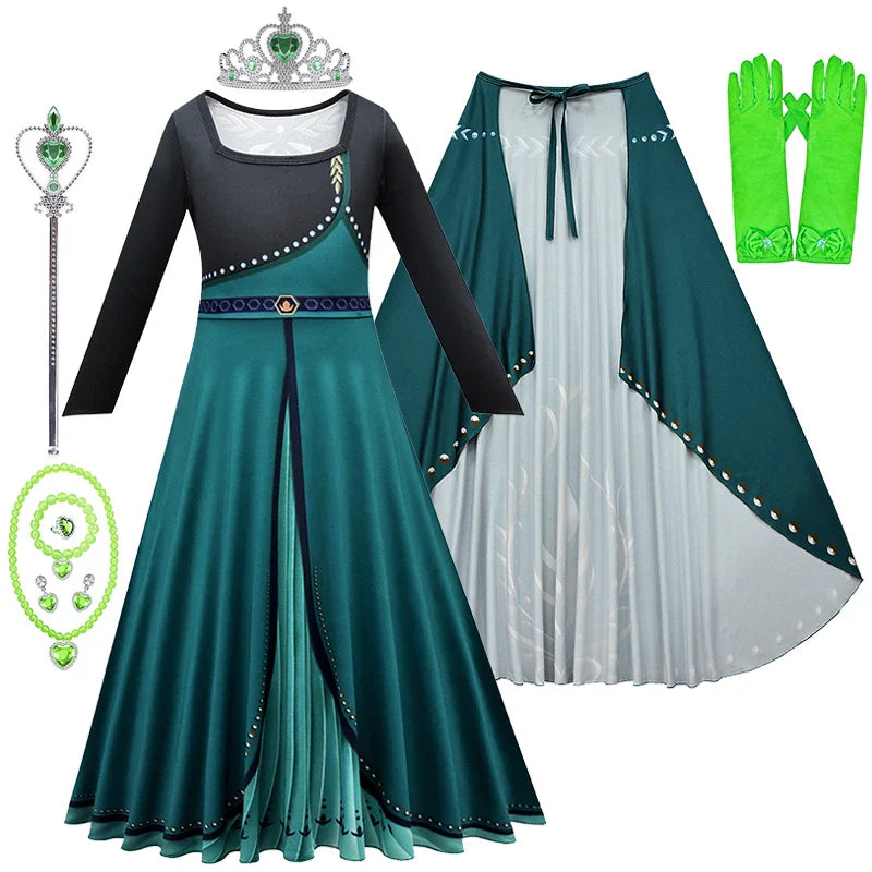 Frozen Coronation Anna Princess Girls Cosplay  Long Sleeve Costume Carnival Party Kids Cloak Clothes Birthday Print Dress