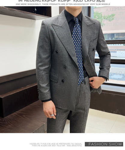 Men Vintage Luxury Double Breasted Slim Fit Lapel Evening Gown ltalian Style Fashion High-end Groom Wedding Party Tuxedo 2 Piece