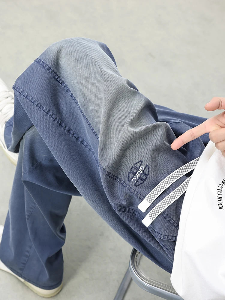 Summer Lyocell Men's Jeans Soft Elastic Washed Casual Pants Loose Lightweight Embroidery Wide Leg Straight Denim Trousers
