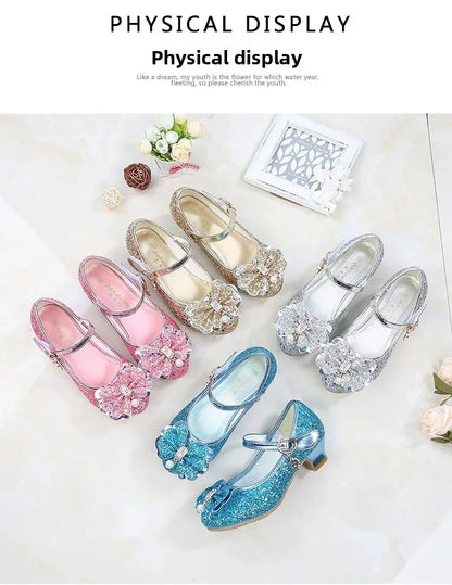 2026 Spring New Children's Shoes  Princess Shoes Girl's Fashion Sandals Crystal Princess Shoes Blue Pink Silver