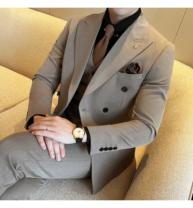 (Jackets+Pants) Luxury Double Breasted Design Slim Fit Suit High Quality Fashion Men's Wedding Social Suit Tuxedo 2 Piece Set