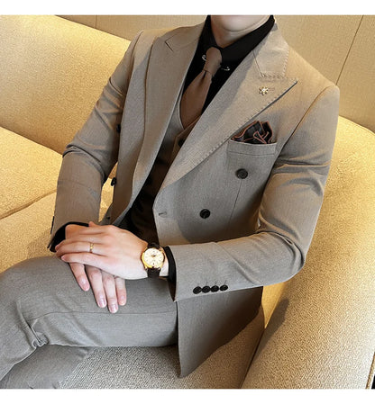 (Jackets+Pants) Luxury Double Breasted Design Slim Fit Suit High Quality Fashion Men's Wedding Social Suit Tuxedo 2 Piece Set