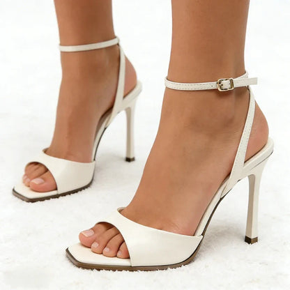 Designer Patent Leather Ankle Strap Buckle Heeled Sandals Women Sexy Square Toe Peep Toe High Heels Summer Elegant Office Shoes