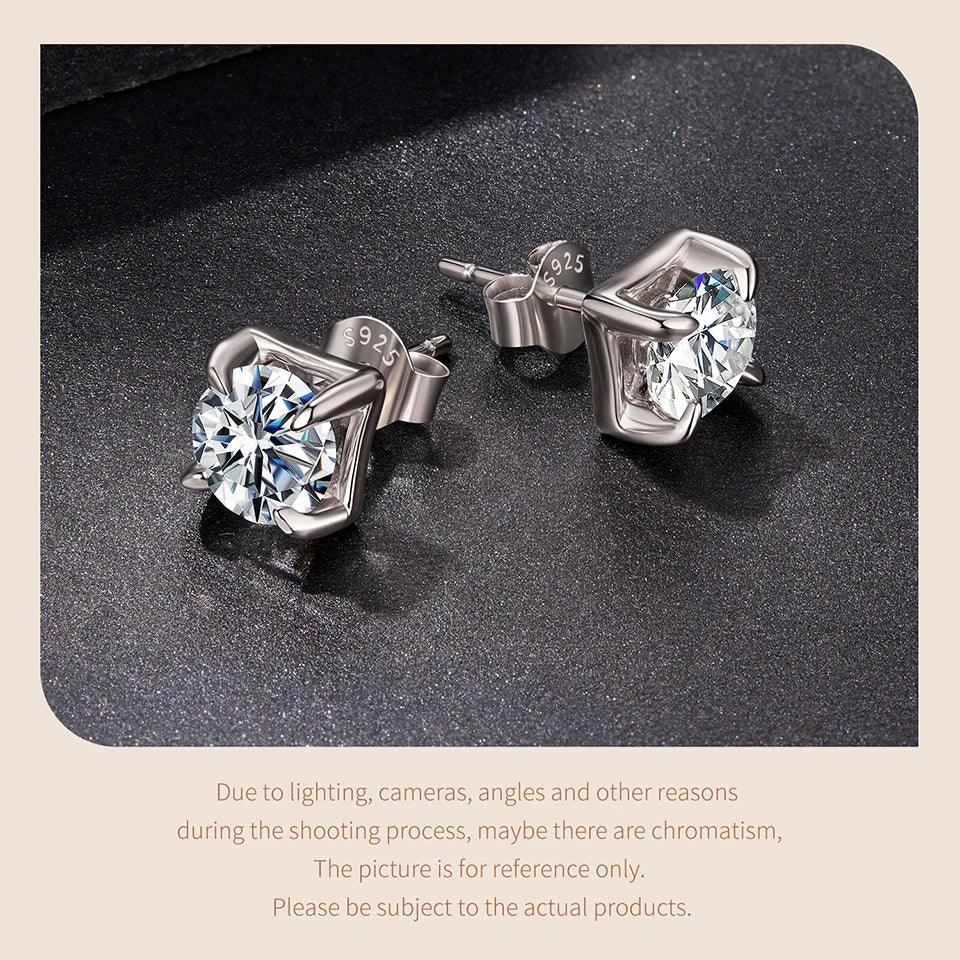 Original Square Moissanite Stud Earrings, S925 Silver 4 Prongs D Color Round Cut Lab Sparkling Wedding Fine Jewelry