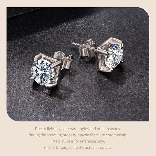 Original Square Moissanite Stud Earrings, S925 Silver 4 Prongs D Color Round Cut Lab Sparkling Wedding Fine Jewelry