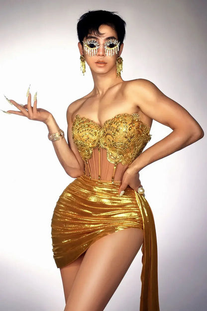 Gold Color Women Sexy 2 Pieces Strapless Bodycon Mini Dress Bar Singer Nightclub Party Celebrate Birthday Dress Wholesale