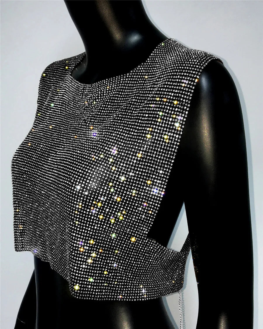 Shiny Rhinestone Sequins Crop Top Sexy Backless Round Neck Metal Tank Top For Women 2024 Fashion Nightclub Party Camisole