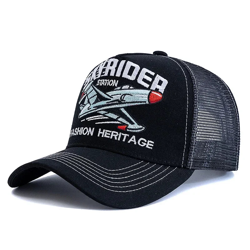 New Style Breathable Mesh Cap Outdoor Baseball Cap Men Women SKY RIDER Embroidered Pattern Snapback Trucker Hat Cap