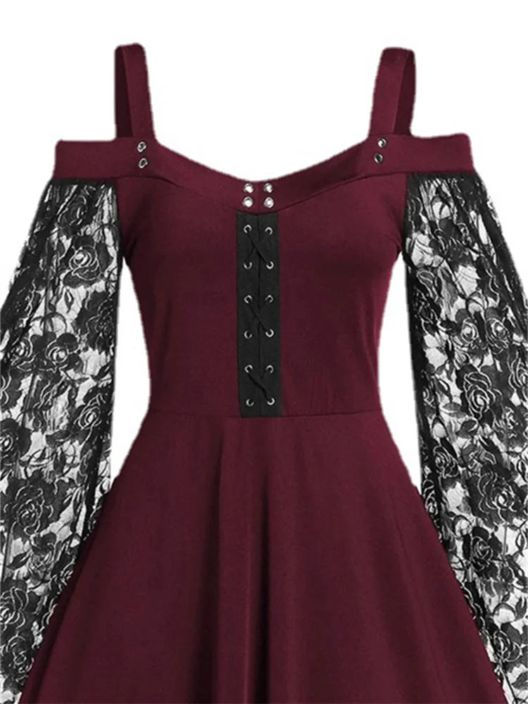 One-shoulder Lace Stitching Flared Sleeve Dress Literary Vintage Autumn Grunge Black A-line Dress Punk Partywear