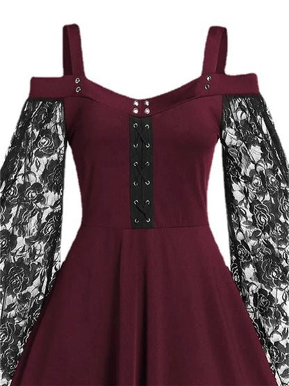 One-shoulder Lace Stitching Flared Sleeve Dress Literary Vintage Autumn Grunge Black A-line Dress Punk Partywear