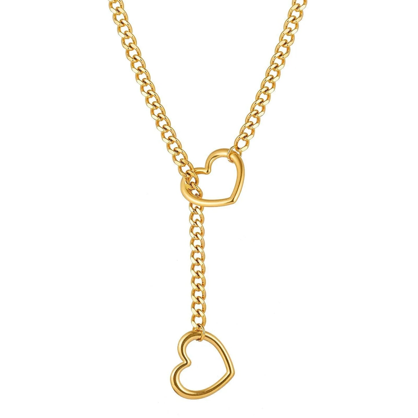 Adjustable Stainless Steel Cuban Link Necklace Hollow Heart Y-Shaped Necklace Punk Rock Style Party Accessories