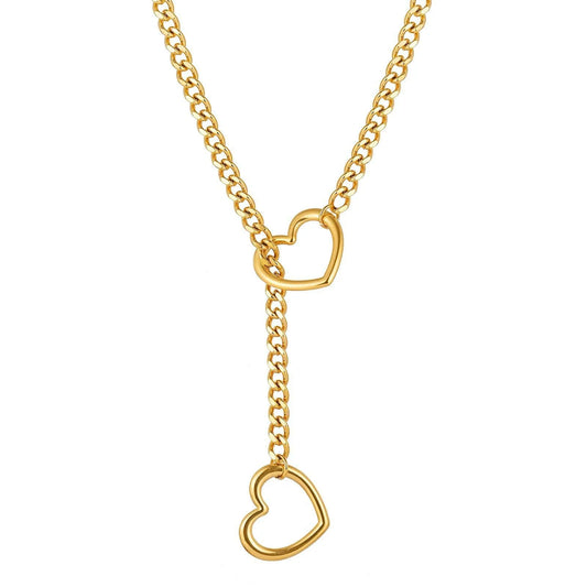 Adjustable Stainless Steel Cuban Link Necklace Hollow Heart Y-Shaped Necklace Punk Rock Style Party Accessories