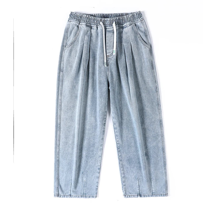 New Men's Elastic Waist Jeans Loose Wide Leg Casual Straight Long Trousers Comfortable Stretch Denim Pants Trendy Brand