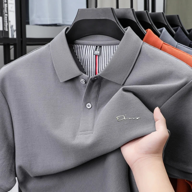 Brand 100%pure cotton short sleeve polo shirt men's new fashion letter embossed business casual solid color summer lapel T-shirt