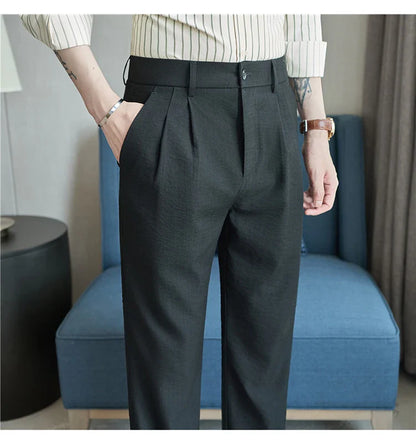 Men's Old Money Style Linen-Cotton Pleated Dress Pants – Lightweight, Semi-Elastic Waist & Wrinkle-Free for Summer