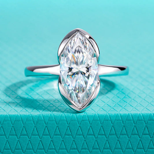 3ct Marquise Moissanite Engagement Ring 925 Sterling Silver Half Bezel Setting Solitaire Promise Rings for Women
