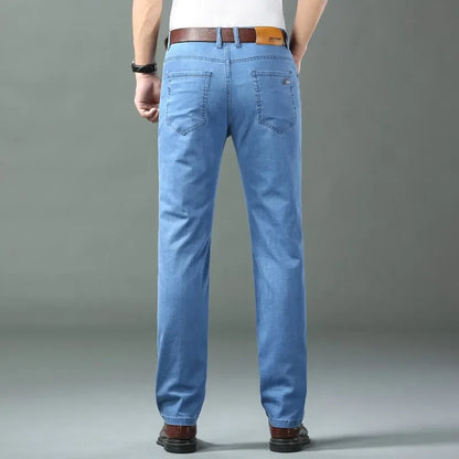 Denim Jeans For Men Blue Straight Stretch Cotton Pants Business Casual Lightweight Trousers Spring Summer