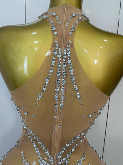 Rhinestones Sexy Mesh See Through Dress Party Evening Prom Celebrate Birthday Dress Singer Dancer Show Stage Wear