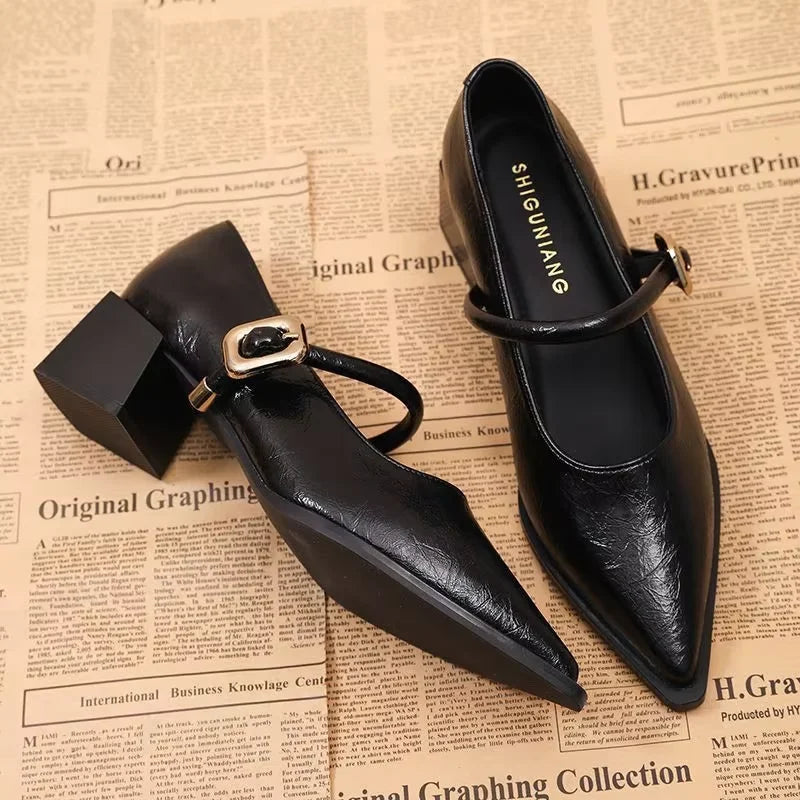 All-Season Women's Chunky Heel Mary Jane Flats - Patent Leather Shallow Cut High Heels,  Metal Buckle Decor Commuter Shoes
