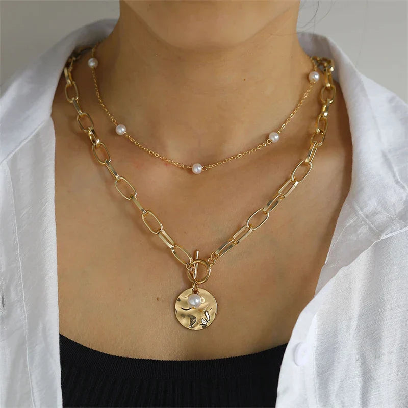 Classic Pendant Necklace for Women Micro Zircon Turkish Lucky Evil Eyes Palm Cross Pearl Multilayer Metal Chain Choker Jewelry