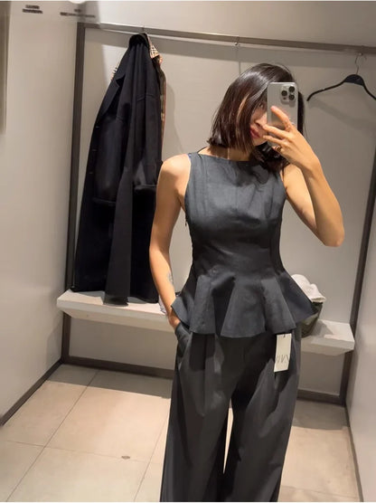 Fall/Winter 2025 New  Women's Fashion Elegant ruffled hem round neck sleeveless waist slim-fit top 4661124