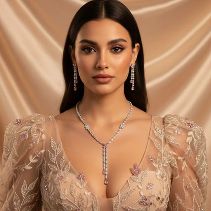 Diamond-encrusted waterdrop necklace and earring set, light luxury high-end clavicle chain, niche and versatile jewelry