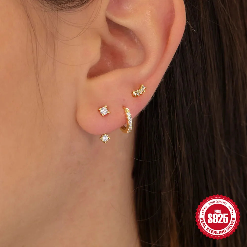 CANNER Set Double Layer Smooth Classic Hoop Earrings For Women 925 Sterling Silver Ins Flower Color Zircon Earrings Fine Jewelry