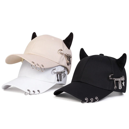 Unisex Lron Ring Cow Horn Personality Baseball Caps Spring Autumn Outdoor Adjustable Casual Hats Sunscreen Hat