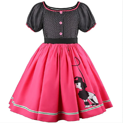 Girls Party Dresses Summer Dress Poodle Print Polka Dot Vintage Dress With Scarf Outfit Girls Casual Summer Dresses Birthday