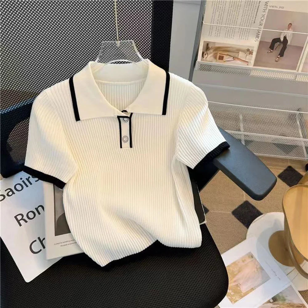 Ice silk knitted short sleeved T-shirt for women's summer 2024 new fashionable and stylish polo shirt top