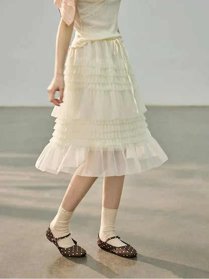 Korean Style Lace Elastic Waist Cake Skirt Mesh Puffy Skirt Women's Dress Knee Length Casual A-Line Skirt Micro Stretch No Slit