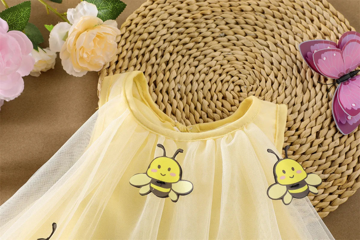 2026 Summer 12M-5Y Childrens Clothes Cute Bee Print Girls Dress with Tulle Skirt Sleeves Fluffy Dress for Girls