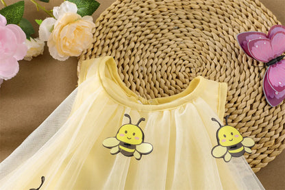 2026 Summer 12M-5Y Childrens Clothes Cute Bee Print Girls Dress with Tulle Skirt Sleeves Fluffy Dress for Girls