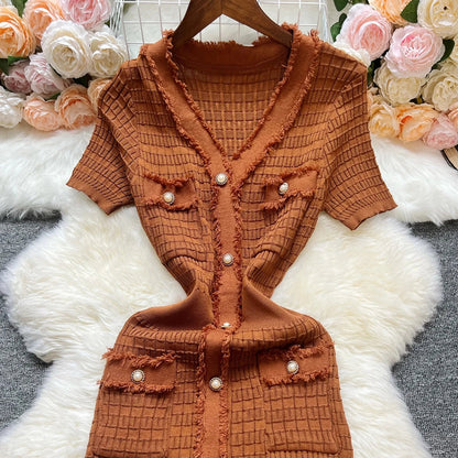 Fashion Sexy Package Hips Knitted Dress Women V-neck Single-breasted Bodycon Sweater Dress Office Lady Vestidos