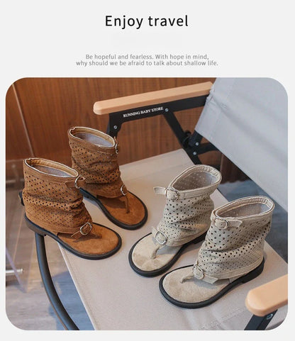 Ankle-strap Summer Slouchy Boots for Girls Suede Leather High-top Sandals Princess Cut-outs Flip Flop Dress Shoes Child J03203