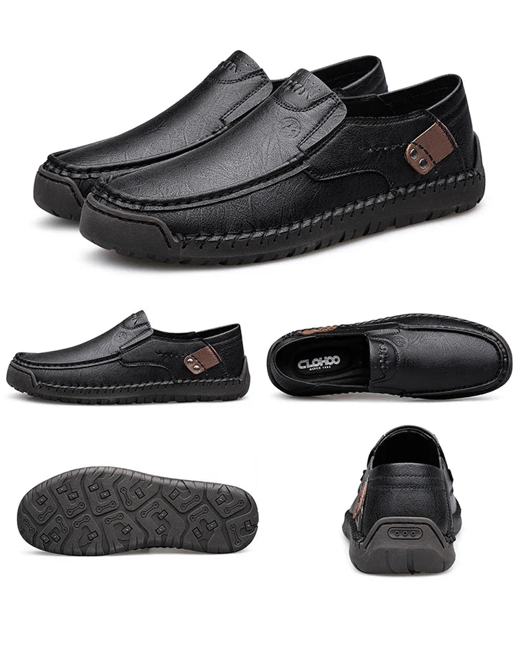 Men's Handmade Thick Rubber Bottom Breathable Casual Leather Shoes Classic Sewn Loafers Comfortable Leisure Footwear