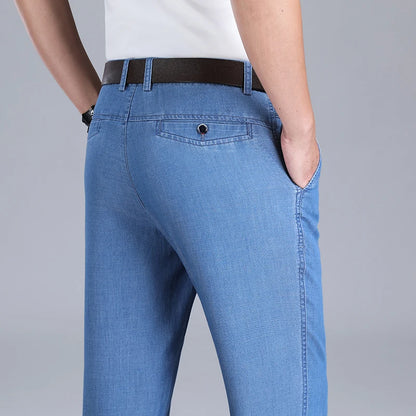 2024 New Men's Summer Thin Jeans Loose Stretch Large Size Ice Silk Straight Pants Elite Business Casual Pants Smoke Gray Blue