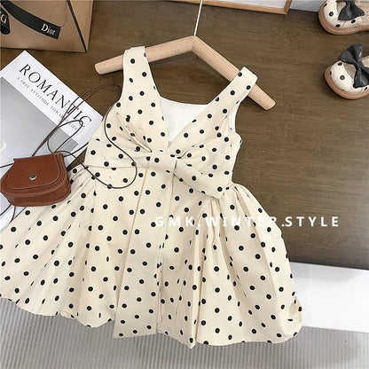 Girls Sleeveless Polka Dot Dress 2025 Summer New Children Vest Dress Baby Bow Princess Cotton Dress