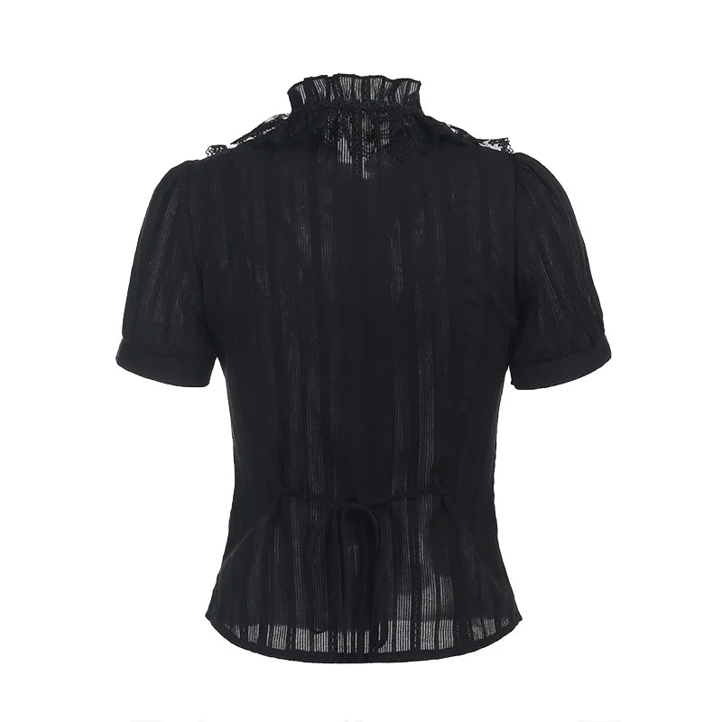 Cotton Shirts Women Vintage Gothic Black White Jacquard Short Sleeve Blouses Elegant Office Lady Y2k Tops