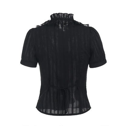Cotton Shirts Women Vintage Gothic Black White Jacquard Short Sleeve Blouses Elegant Office Lady Y2k Tops
