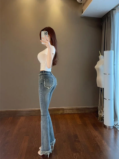 Tassel Flare Pants Jeans 2023 New Slim High Waist Elastic Horseshoe Pants Denim Trousers Fashion Women sexy K5BG
