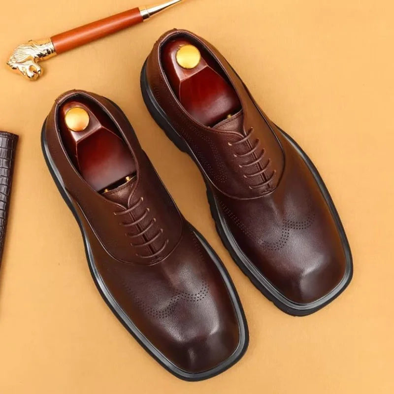 5cm heels High Quality Thick Sole Height-increasing Shoes Man Square Toe Lace-up Oxford Shoes Cowhide Leather Men Dress Shoes