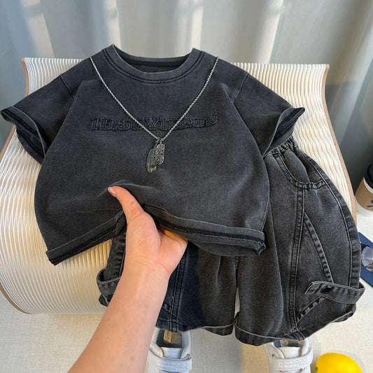 Set Kid Boy 2025 Summer New Style Cotton Letter Embroidered T-shirt Black Jeans Fashion Streetwear Daily Sporty Korean