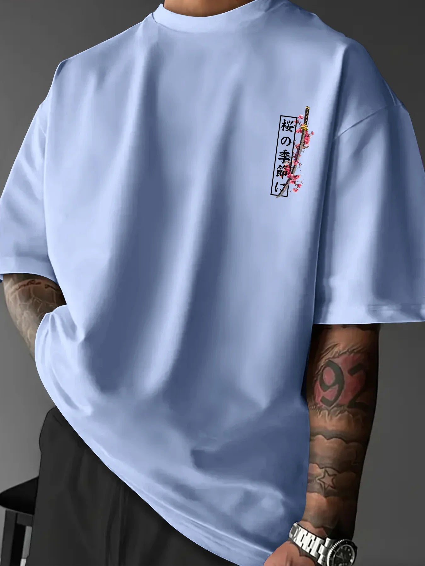 American-style Men Summer Loose T-shirt Suitable for Daily Wear Cherry Blossom and Samurai Sword Patterns  100% Pure Cotton