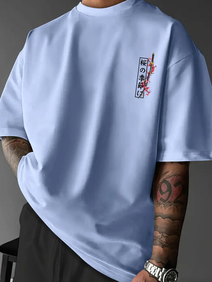American-style Men Summer Loose T-shirt Suitable for Daily Wear Cherry Blossom and Samurai Sword Patterns  100% Pure Cotton