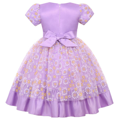 Cross-border special summer burst dress girls printed waist wedding dress flower girl short-sleeved princess puffy skirt